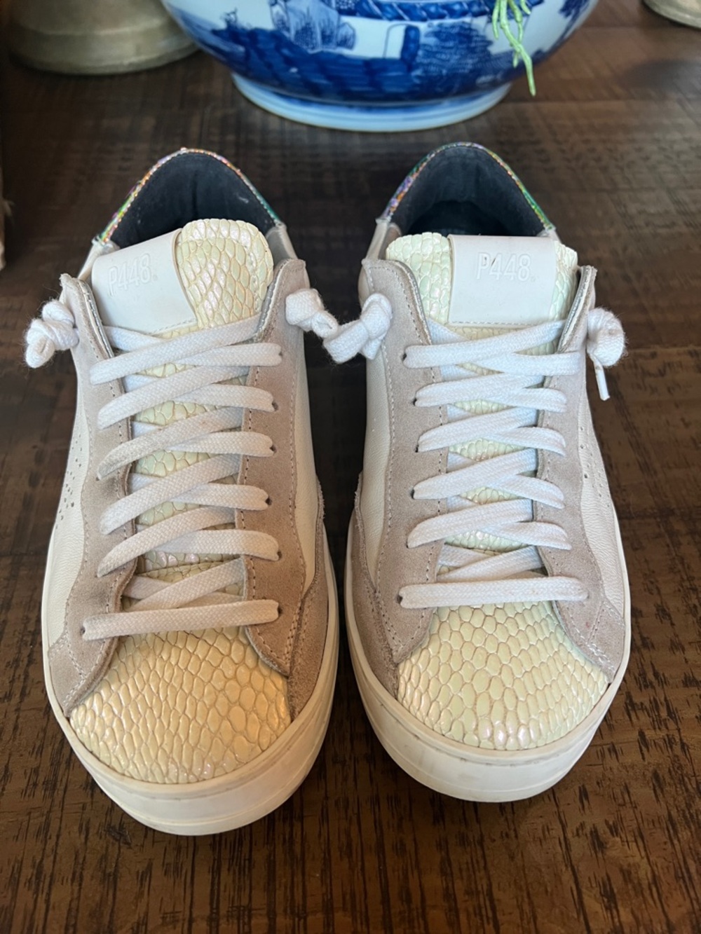 P448 Cream and Beige Low-Top Sneakers with Iridescent Heel